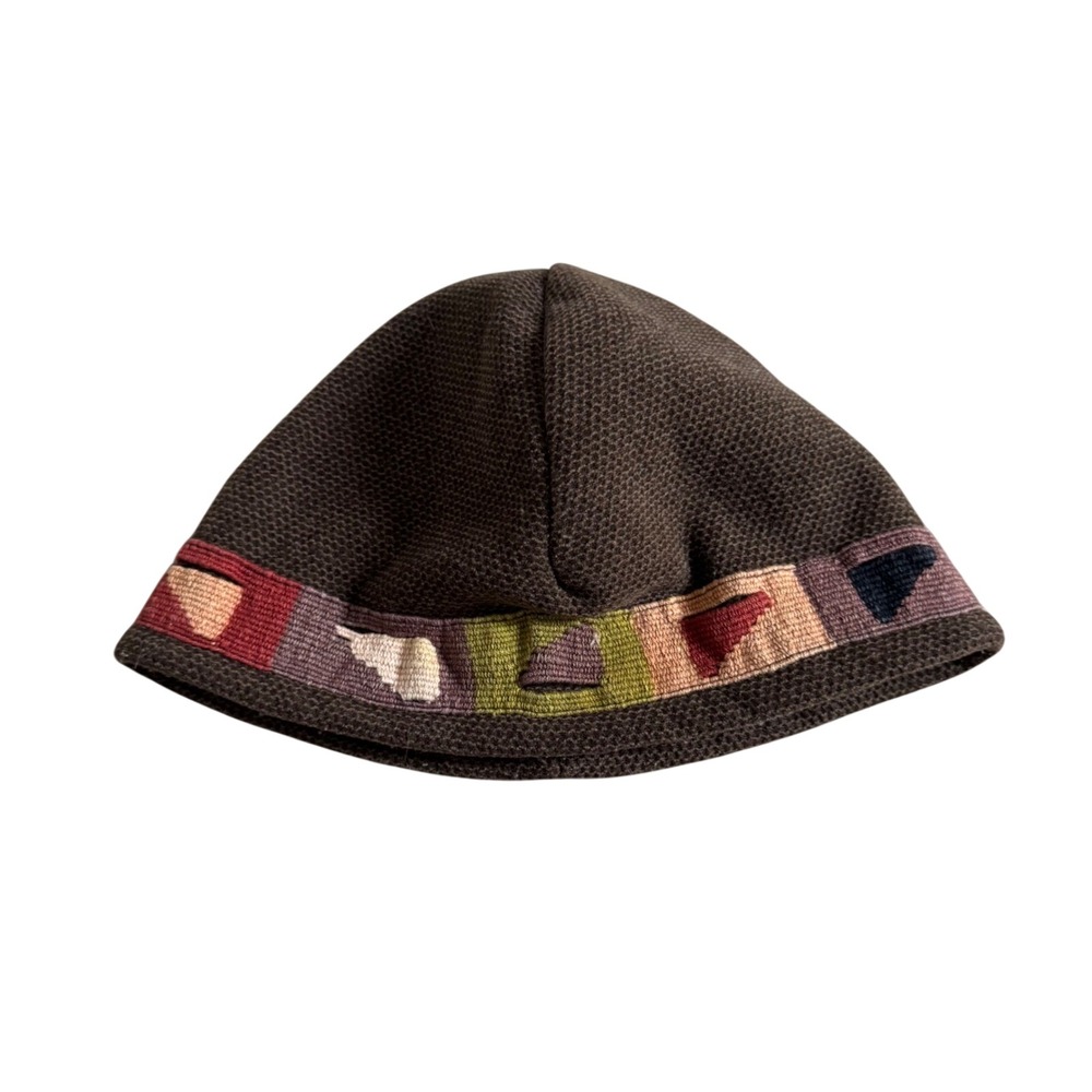 Shred Alert Polartec Fleece Beanie Brown Geometric Trim Adjustable Toggle Hat